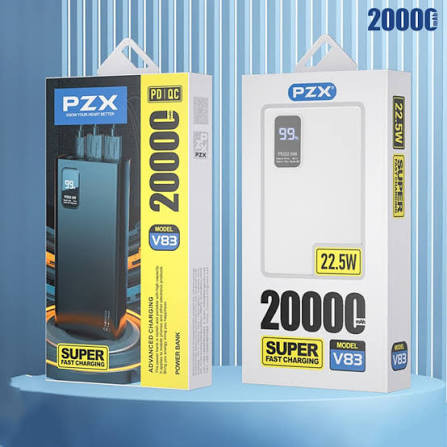 پاوربانک 20000 pzxمدل v80 فست شارژکابل سرخود دوگانه تایپ سی و لایتنینگ