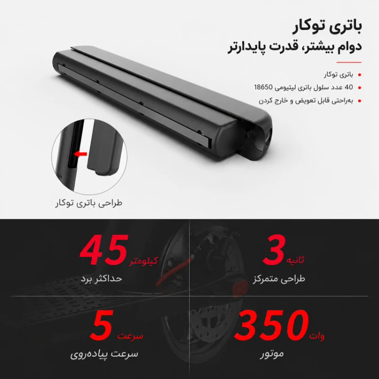 اسکوتر برقی 350 تا 1000 وات مدل X8 حداکثر سرعت بیشتر از 30 کیلومتر بر ساعت و پیمایش بیشتر از 30 کیلومتر